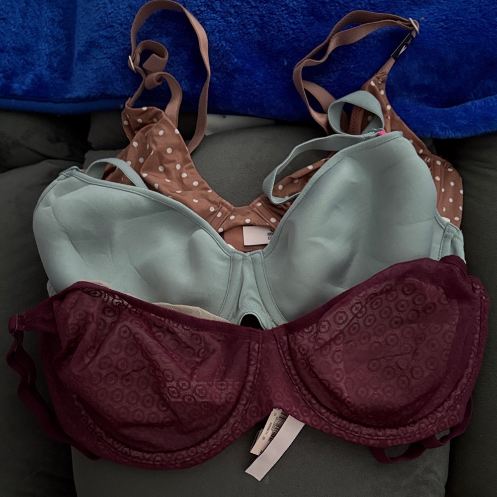 Victoria's Secret Three-Bra Set in Light Blue, Brown Polka Dot & Burgundy